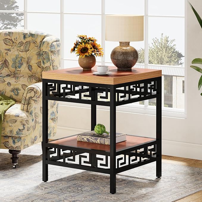 2-Tier End Table, Wood Sofa Side Table with Metal Carving