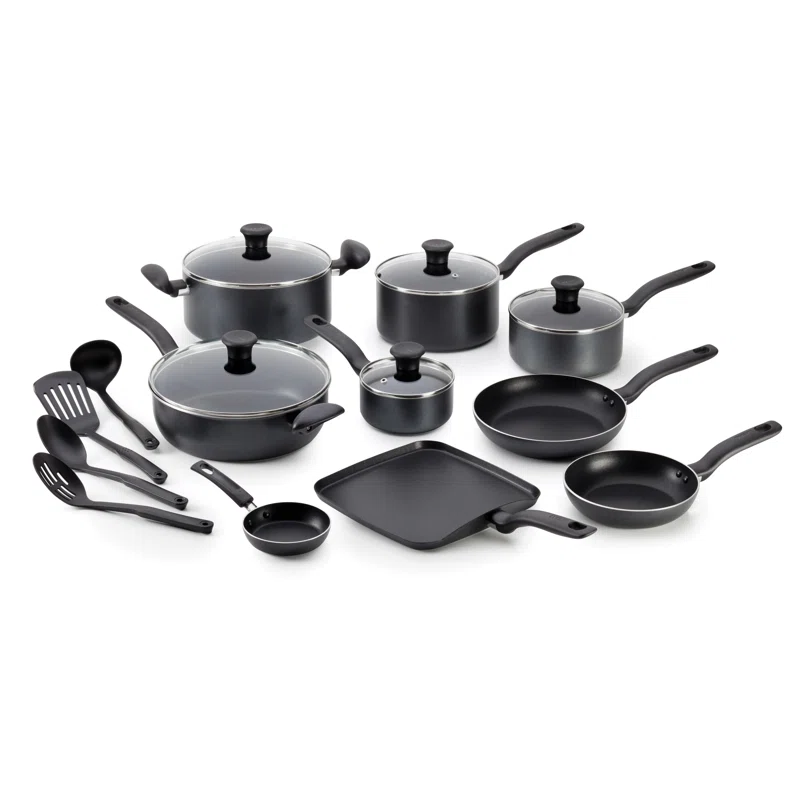 T-fal Initiatives Nonstick Inside and Out Cookware Set， 18-Piece， Black