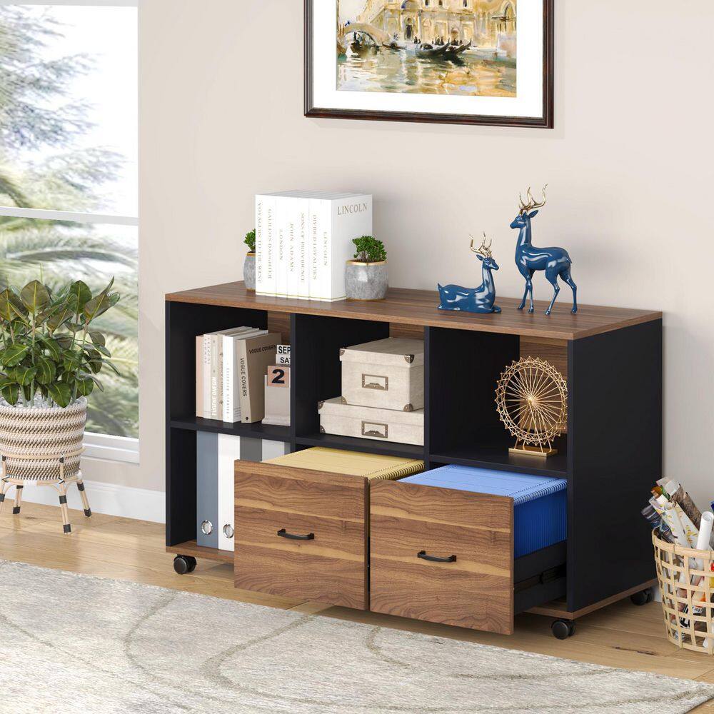 TRIBESIGNS WAY TO ORIGIN Cindy BrownBlack File Cabinet with Two Drawers Wooden Rolling Lateral File Cabinet with Open Storage Shelves HD-ZY1244