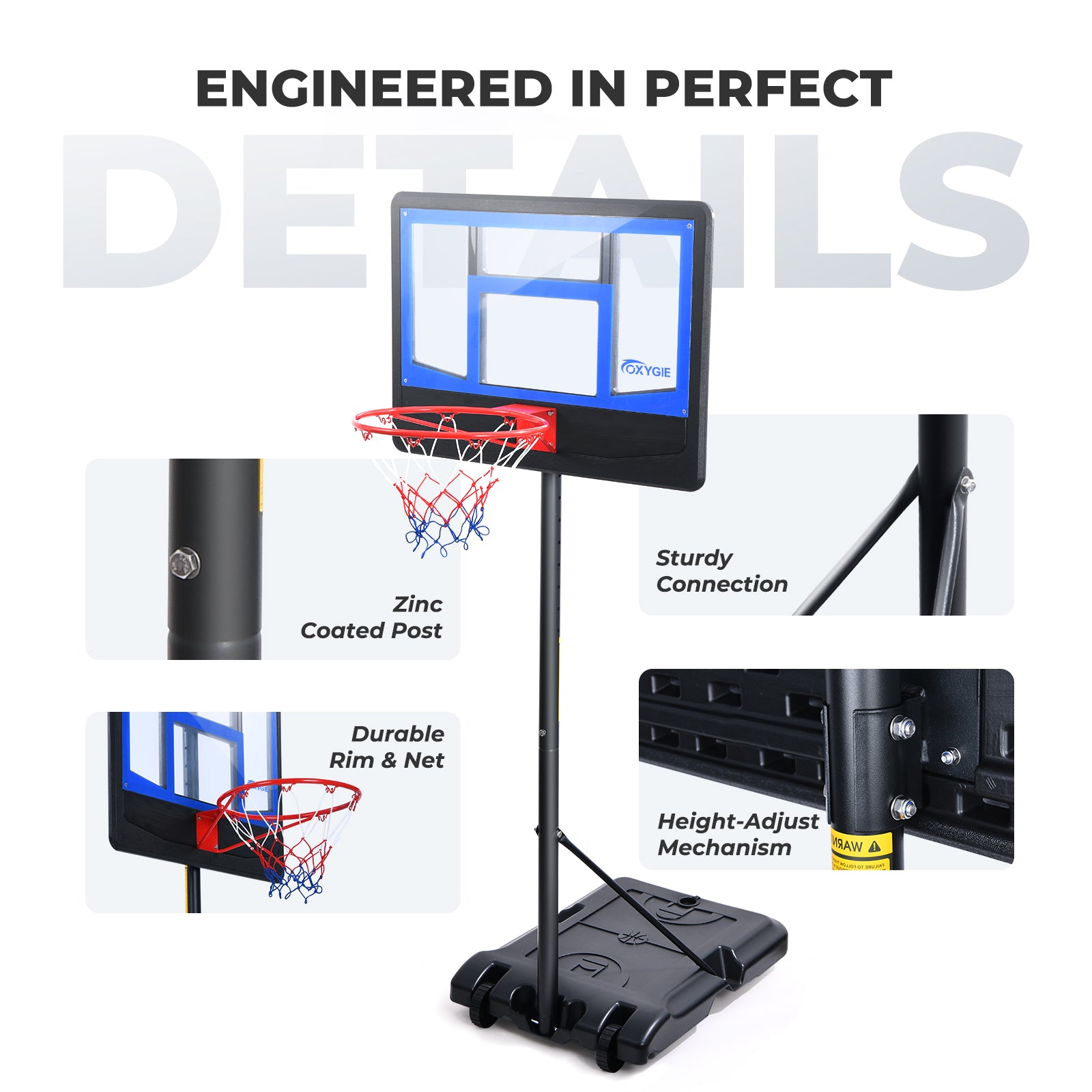 Oxygie Basketball Hoop， Outdoor Basketball Hoop Adjustable Height 47 in to 59 in Indoor/ Outdoor Basketball Hoop with 2 Balls and Pump (Black)