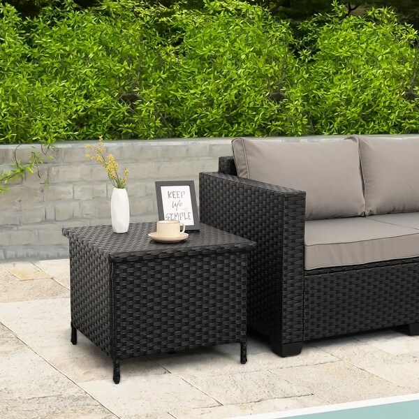 Outdoor PE Wicker Side Table with Storage Patio End Table Resin Rattan Storage Table for Garden Backyard Porch Poolside