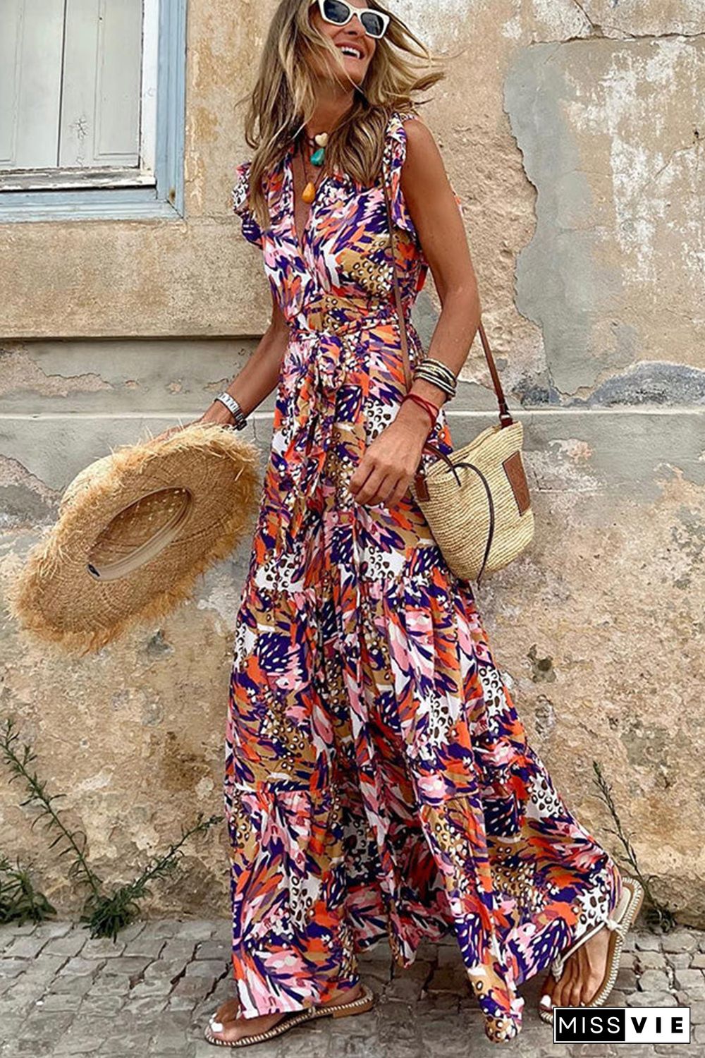 Multicolor Sleeveless Ruffled Lace-up High Waist Floral Maxi Dress