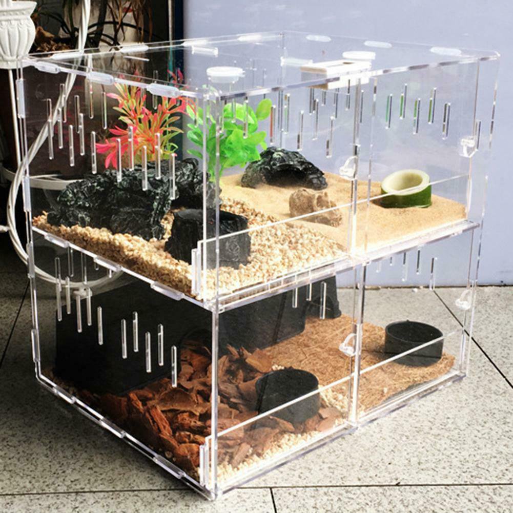 4 Grids Acrylic Reptile Terrarium Lizard Cage Enclosure Box Tank Climbing Pet Box Spider Snake Display，Clear Gift