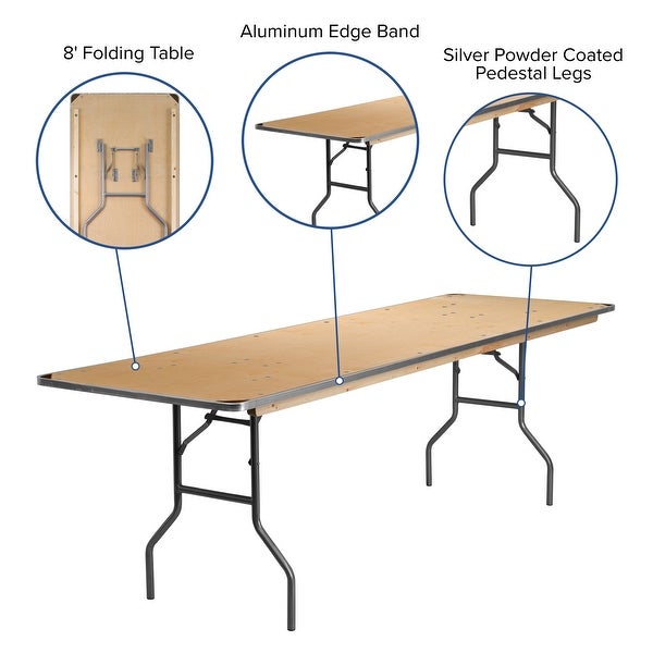 8-Foot Rectangular HEAVY DUTY Birchwood Folding Banquet Table with METAL Edges and Protective Corner Guards