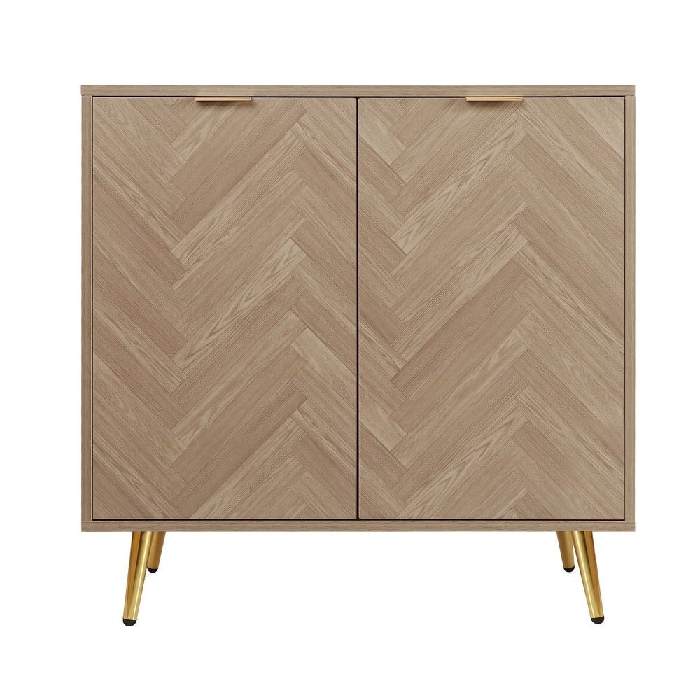 Anmytek Natural Oak Accent Storage Cabinet with 2 Doors Modern Herringbone Sideboard Buffet Cabinet