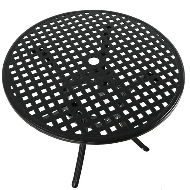 Sunnydaze Round Lattice Design Cast Aluminum Outdoor Patio Table With Umbrella Hole Black