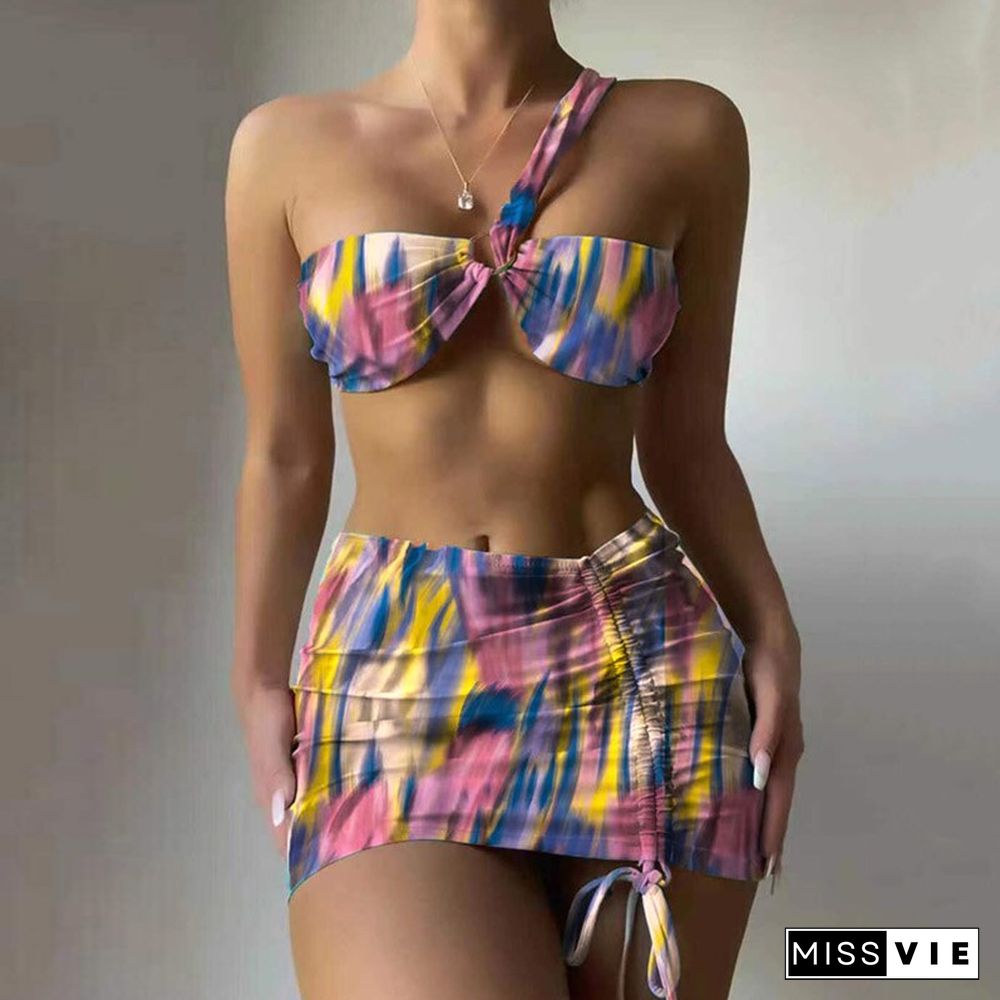 New Fashion Vacation Beachwear Sets One Shoulder Hollow Out Bikini+Drawstring Hip Wrap Skirts Suit Sexy Tie Dye 3pc Swimwear Set