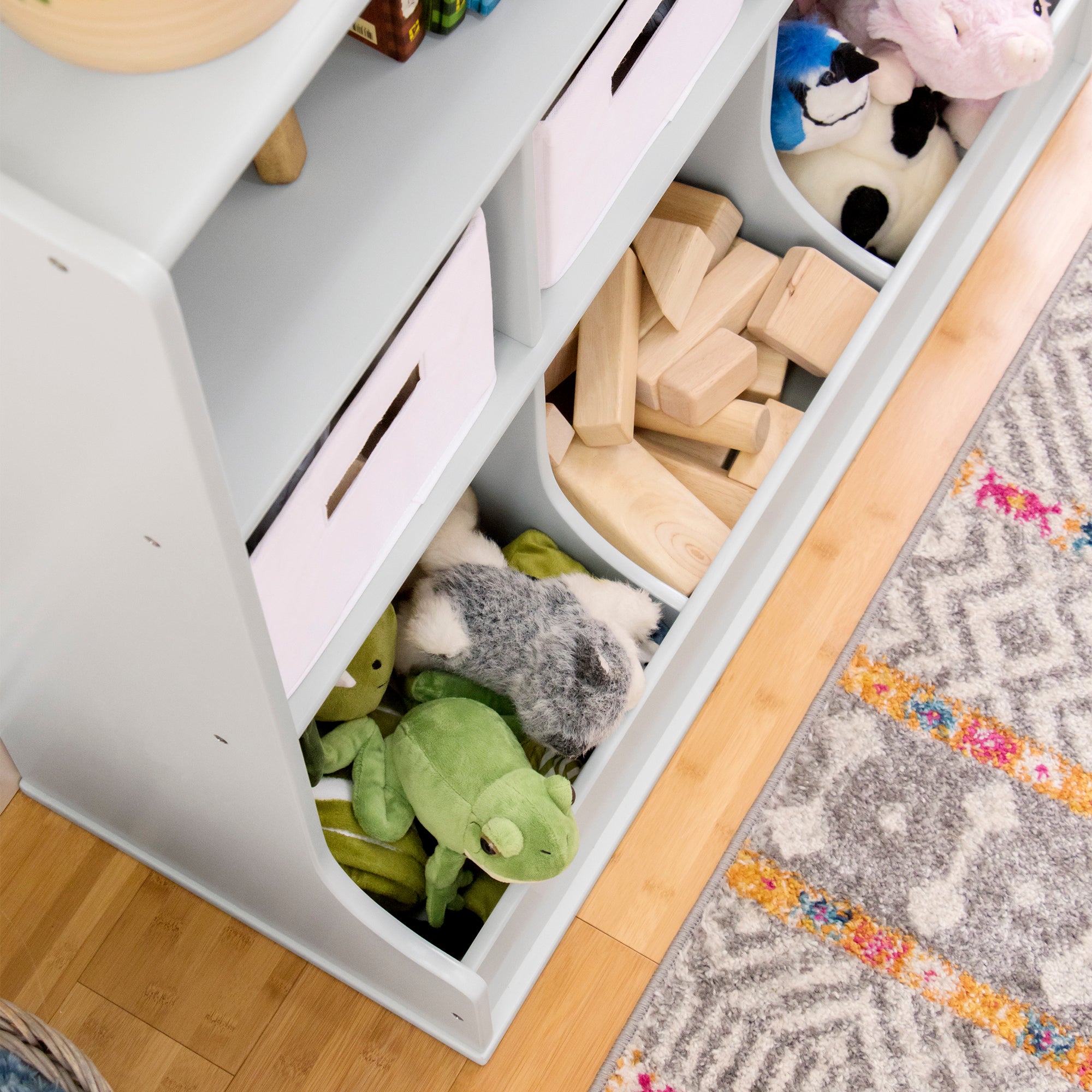 Guidecraft Toy Storage Organizer - Gray: Kids' Wooden Multi Shelf Cubby with Bins for Books, Toys and Clothes - Playroom/Bedroom Bookshelf with Baskets