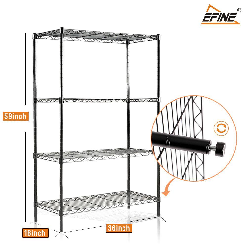 EFINE Black 4-Tier Carbon Steel Wire Garage Storage Shelving Unit NSF Certified (35.5 in. W x 54 in. H x 15.8 in. D) RL500-4