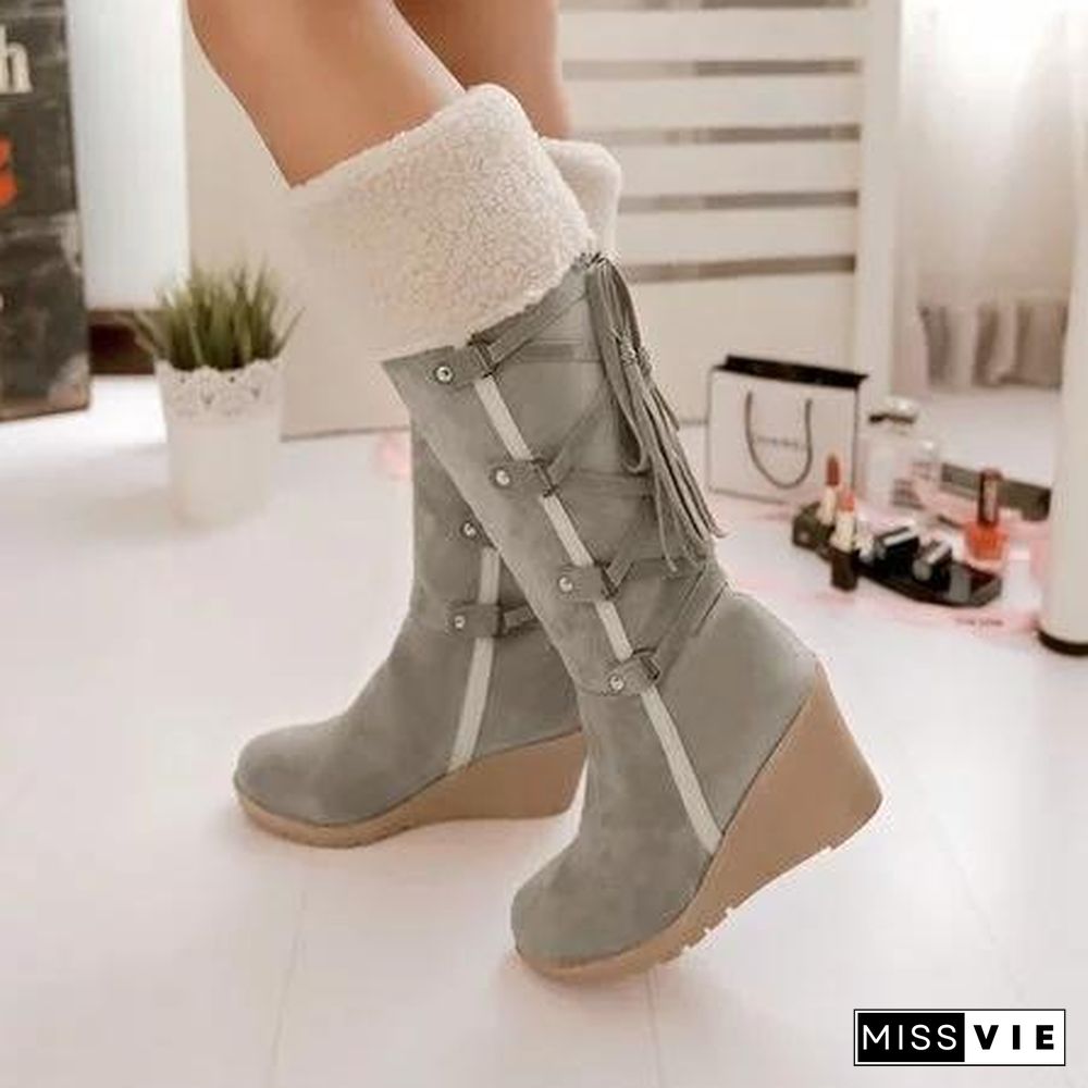 Womens Fashion Lace Round Toe Scrub High Heel Snow Boots