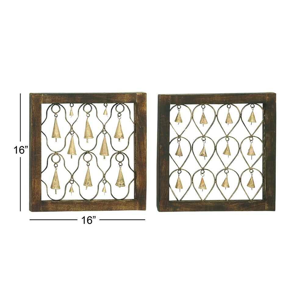 Brown Mango Wood Framed Bell Wall Decor (Set of 2)