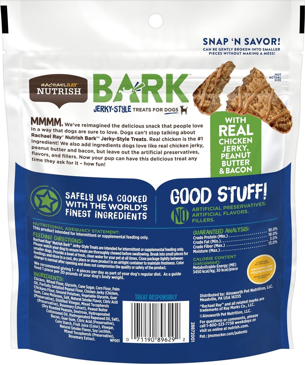 Rachael Ray Nutrish Bark Real Chicken Jerky， Peanut Butter and Bacon Dog Treats， 4.5-oz pouch， case of 5