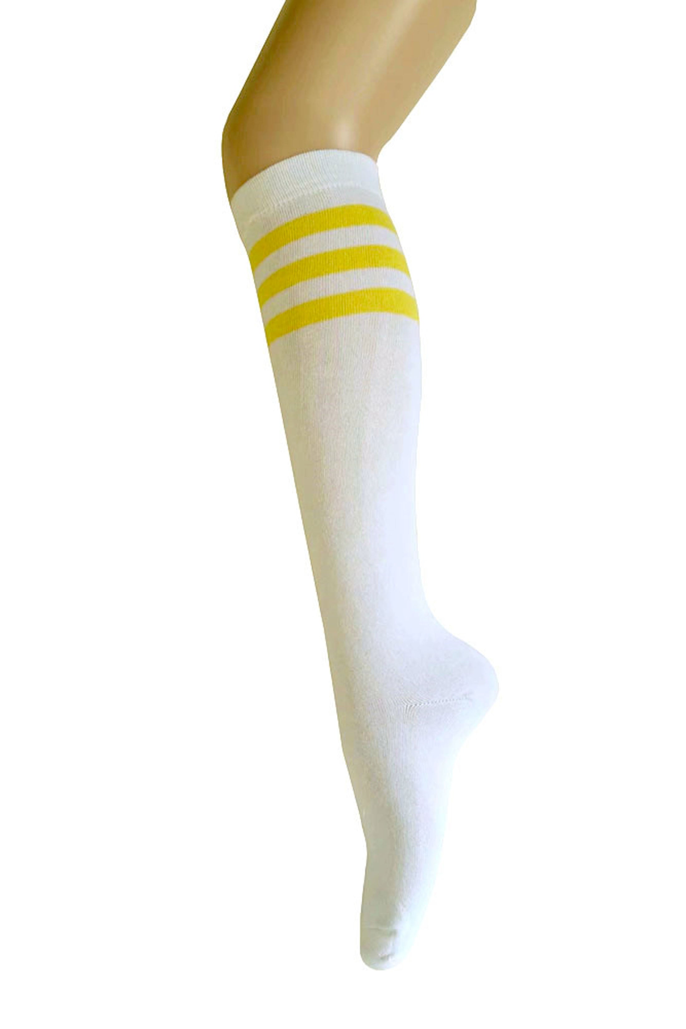 Women and Girls Roller Skate Retro Triple Stripes Tube Knee High Socks In Black with Orange Color