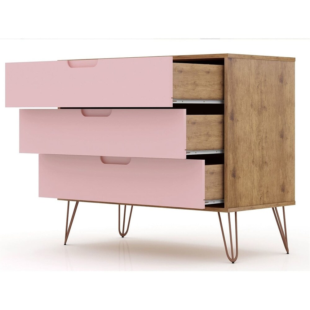 Mid Century Modern Dresser with 3 Drawers in Nature and Rose Pink