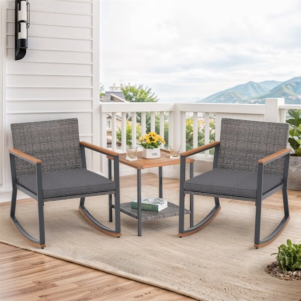 3 Pieces Rocking Wicker Bistro Set，Patio Outdoor Furniture Conversation Sets with Porch Chairs and Glass Coffee Table