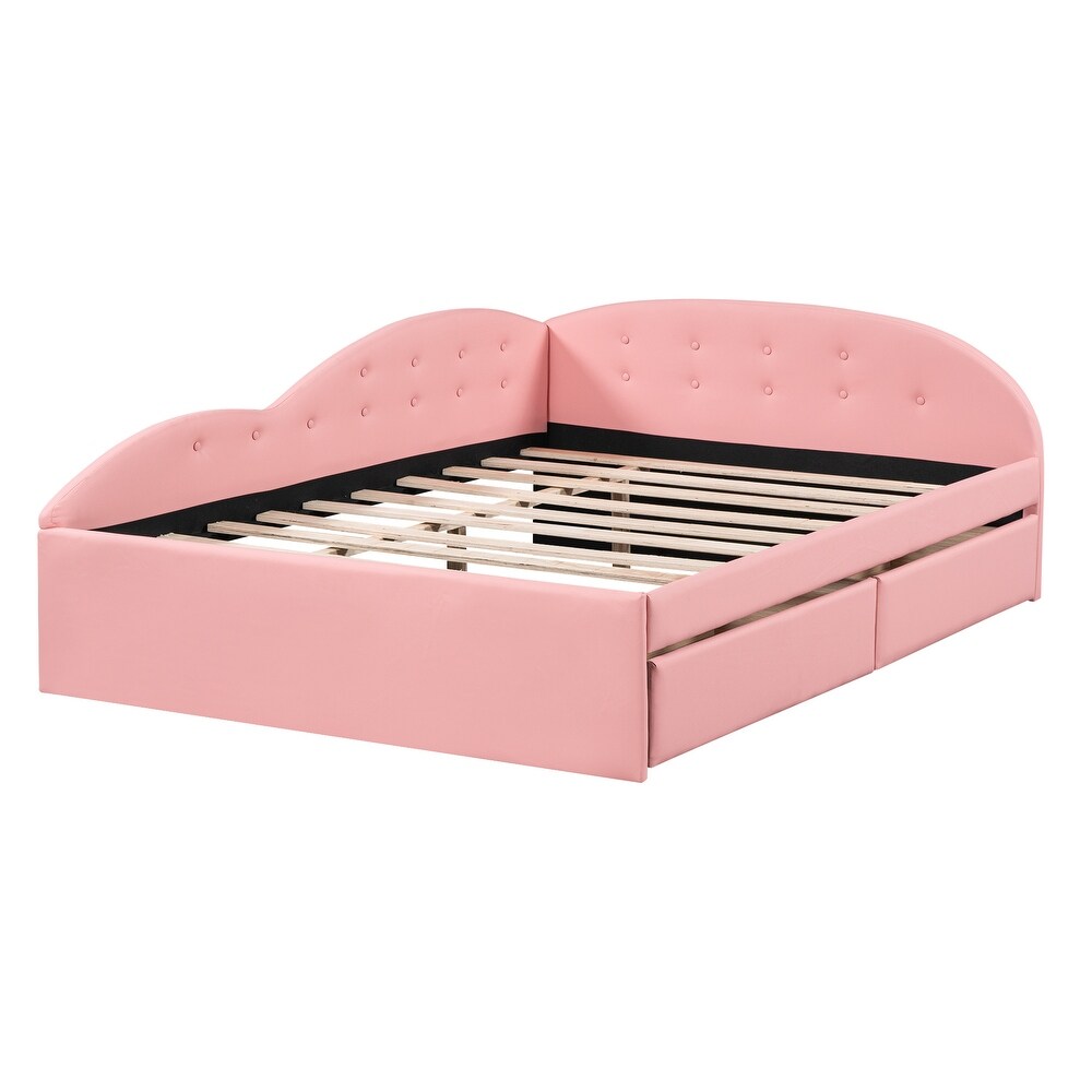 Pink Full Size PU Upholstered Tufted Daybed Wood Platform Bed Frame