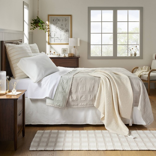 Textured Knit Throw Blanket With Corner Tassels Cream natural With Magnolia