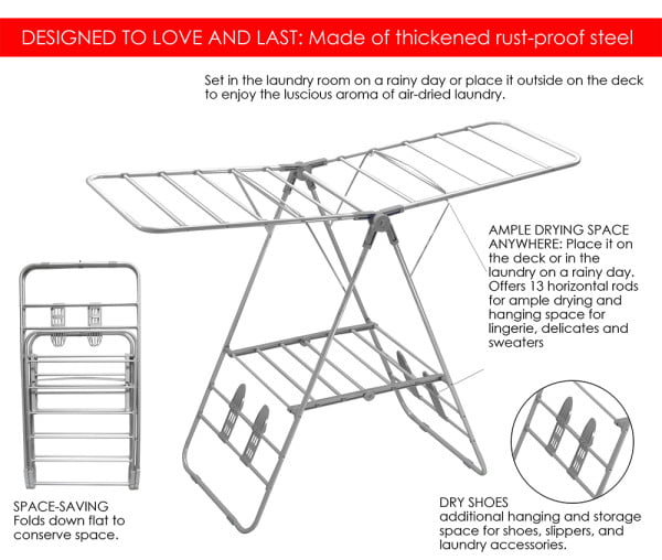 Home Basics Folding and Collapsible Indoor and Outdoors Clothes Drying Rack, Silver