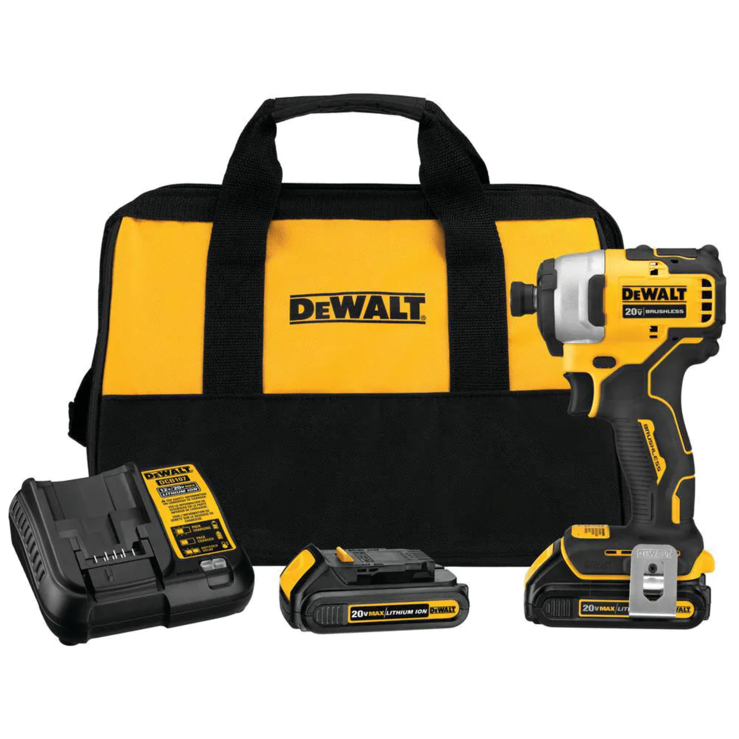 Dewalt Atomic 20-Volt MAX Cordless Brushless Compact 1/4 in. Impact Driver， (2) 20-Volt 1.3Ah Batteries， Charger and Bag (DCF809C2)