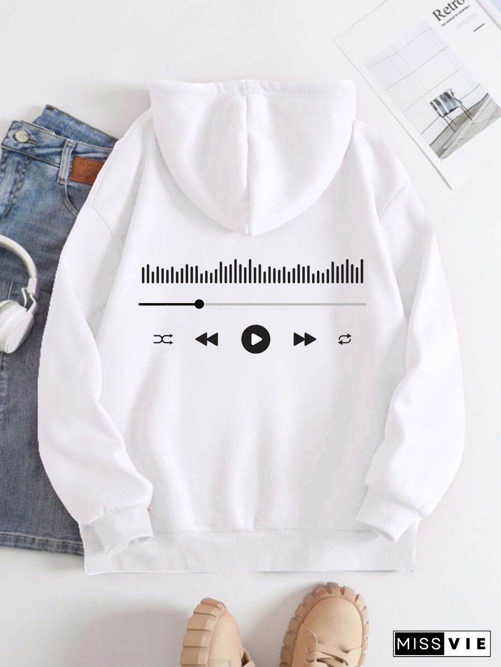 Printed on the Back Kangaroo Pocket Hoodie Long Sleeve for Women Pattern Music Player