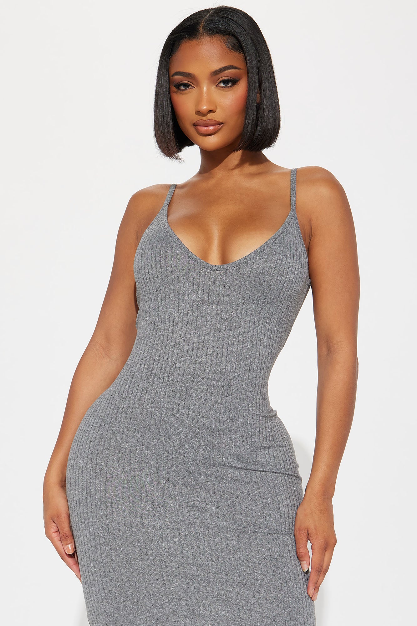 Brenda Ribbed Midi Dress - Heather Grey