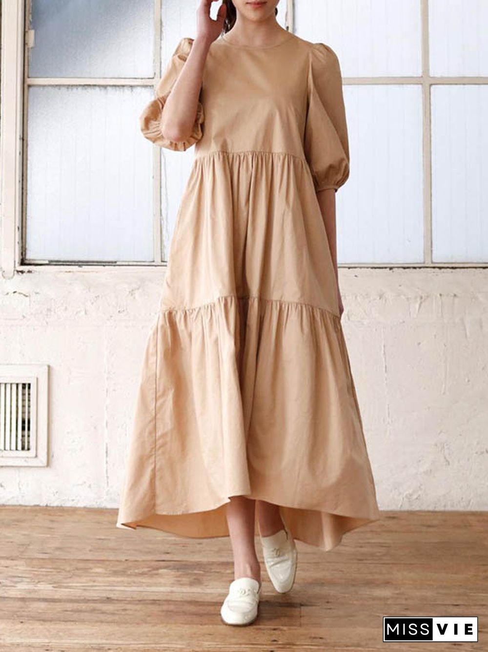 Half Sleeves Puff Sleeves Breathable See-Through Solid Color Round-Neck Midi Dresses