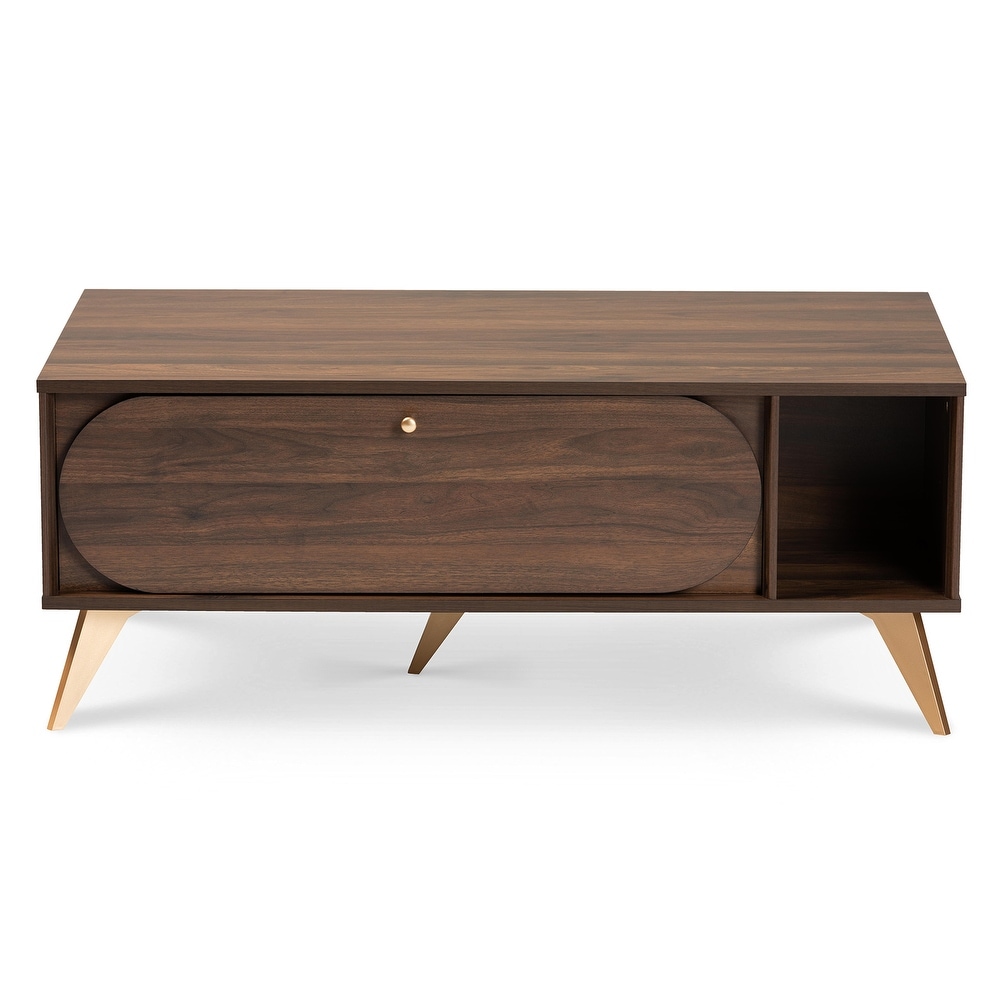 Edel Mid Century Walnut Brown and Gold Finished Wood Coffee Table