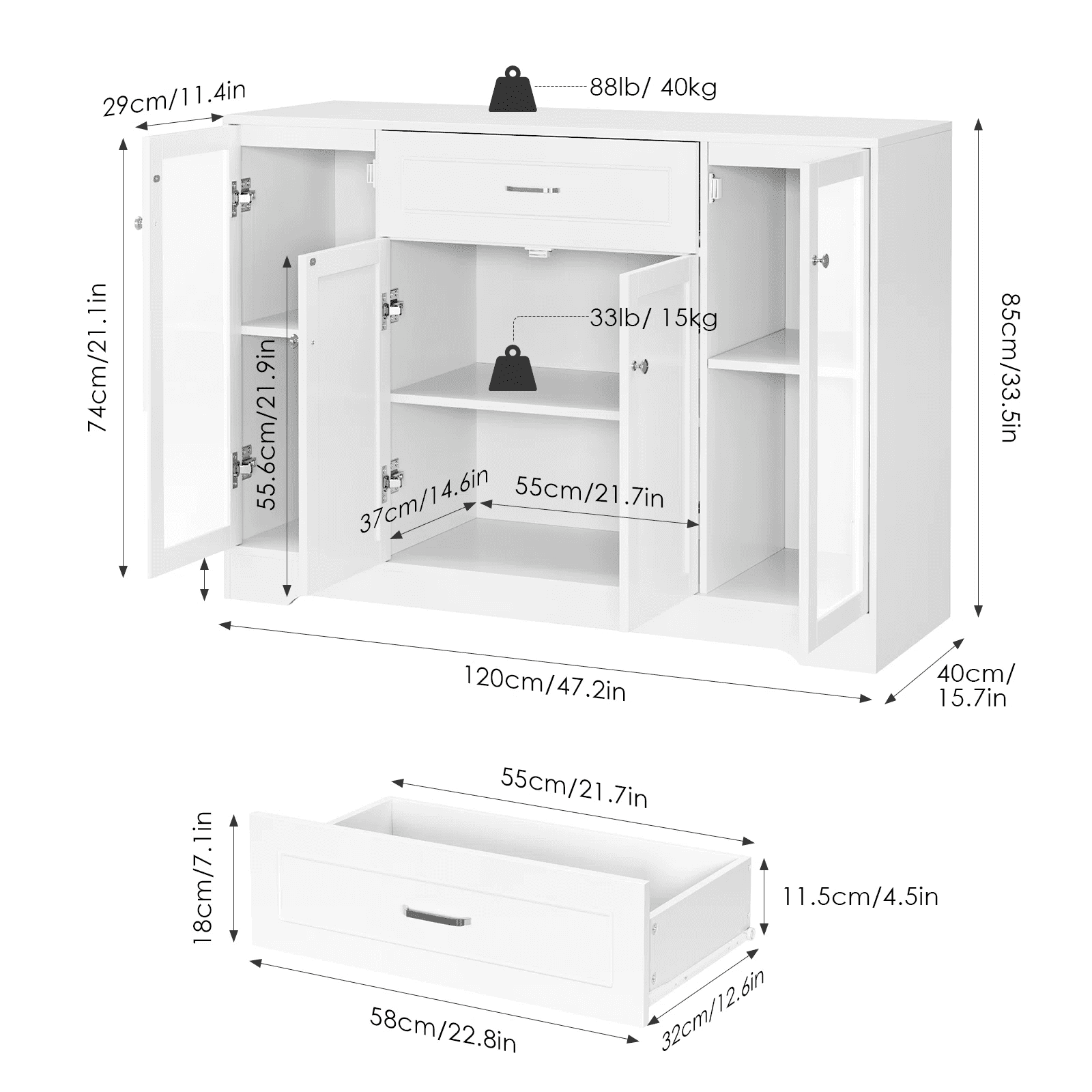 Homfa Storage Cabinet with Glass Door, 47.2"W Wooden Cupboard Kitchen Buffet Sideboard with Drawer, White