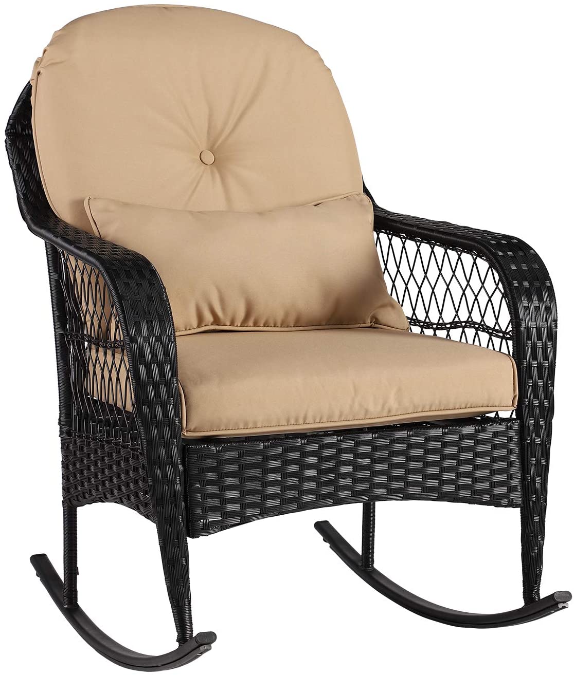 LVUYOYO Outdoor Wicker Rocking Chair All Weather w/ Cushions Garden Patio Yard Porch Lawn Balcony Backyard, Beige, khaki