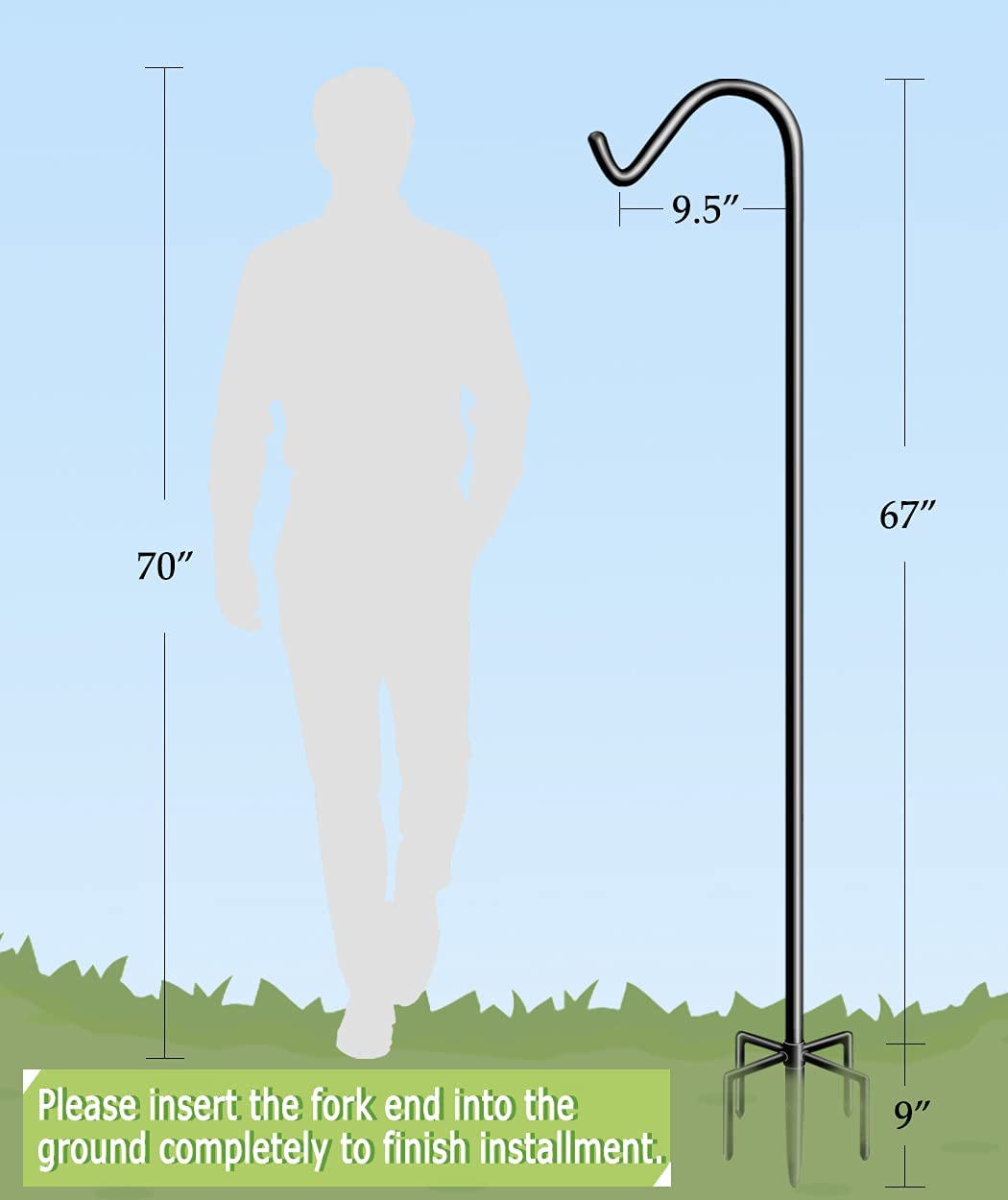 Garbuildman 76 inch Tall Shepherd Hooks with 5-Forked Base, Adjustable Heavy Duty Bird Feeder Pole Stand Hanger for Outdoor, Shiny Black, 1 Pack