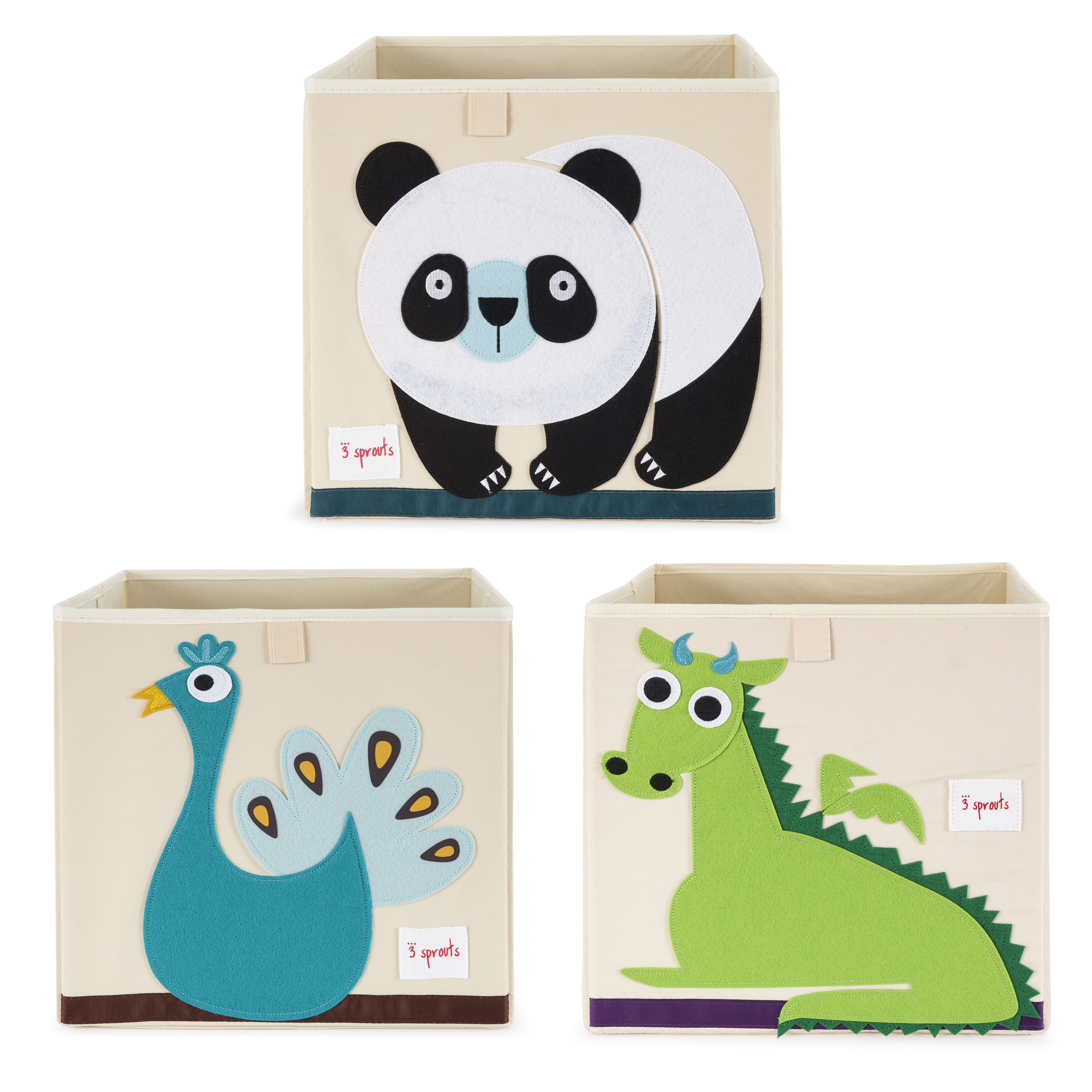 3 Sprouts Kids Dragon Felt Storage Cube Toy Bin w/ Panda & Peacock Cube Toy Bins