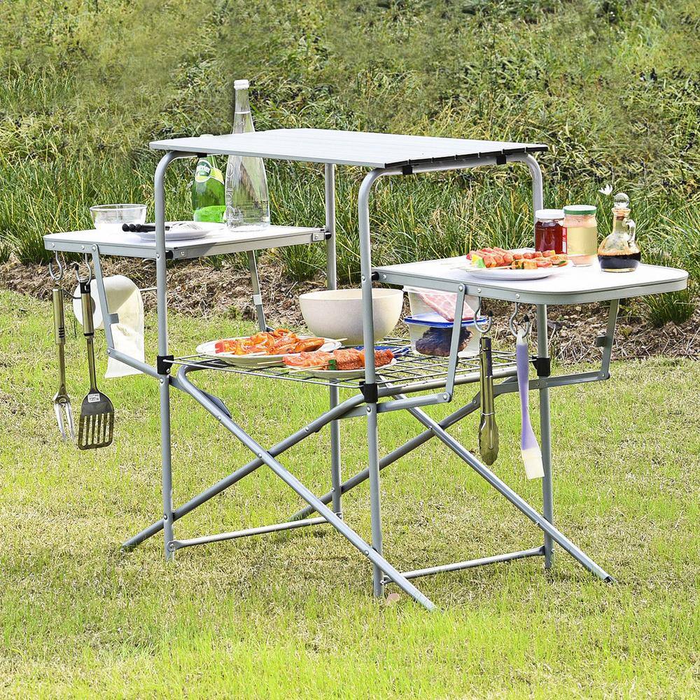 32 in. H White Rectangle Aluminum Foldable Camping Outdoor Picnic Table Kitchen Grilling Stand BBQ WF-OP3688