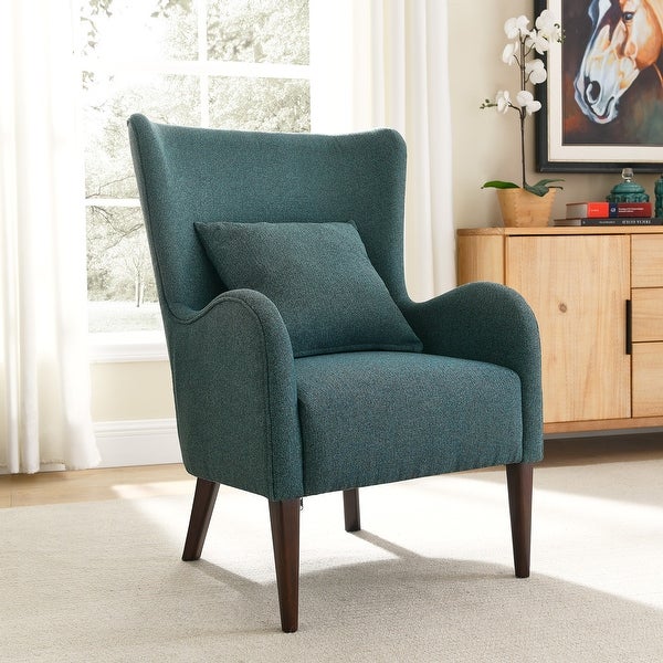 Modern Accent Chair Polyester Fabric Padded Seat Solid Wood Legs Arm Chairs with Curved Arms Design and Lumbar Support Pillow