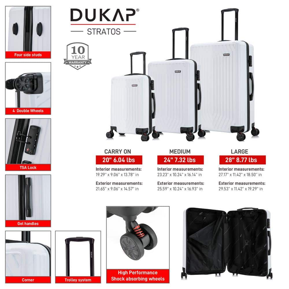 DUKAP Stratos Lightweight Hardside Spinner 3-Piece Luggage Set 20 in., 24 in., 28 in. in White DKSTRSML-WHI