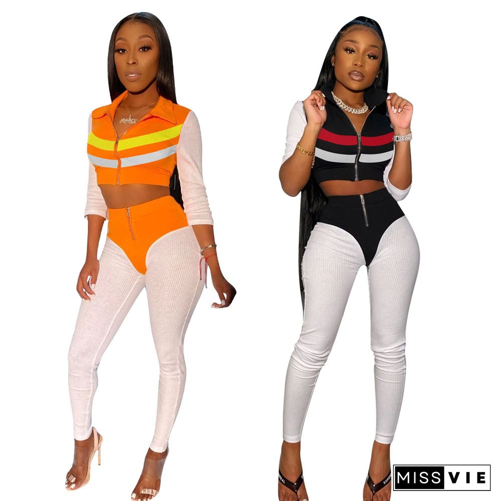 Color Block Zip Crop Top Two Piece Pants Set