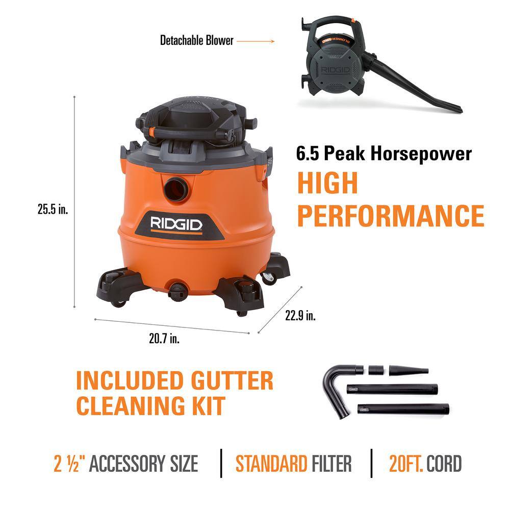 RIDGID 16 Gallon 6.5 Peak HP NXT WetDry Shop Vacuum with Detachable Blower Filter Hose Accessories and Gutter Cleaning Kit HD1600A