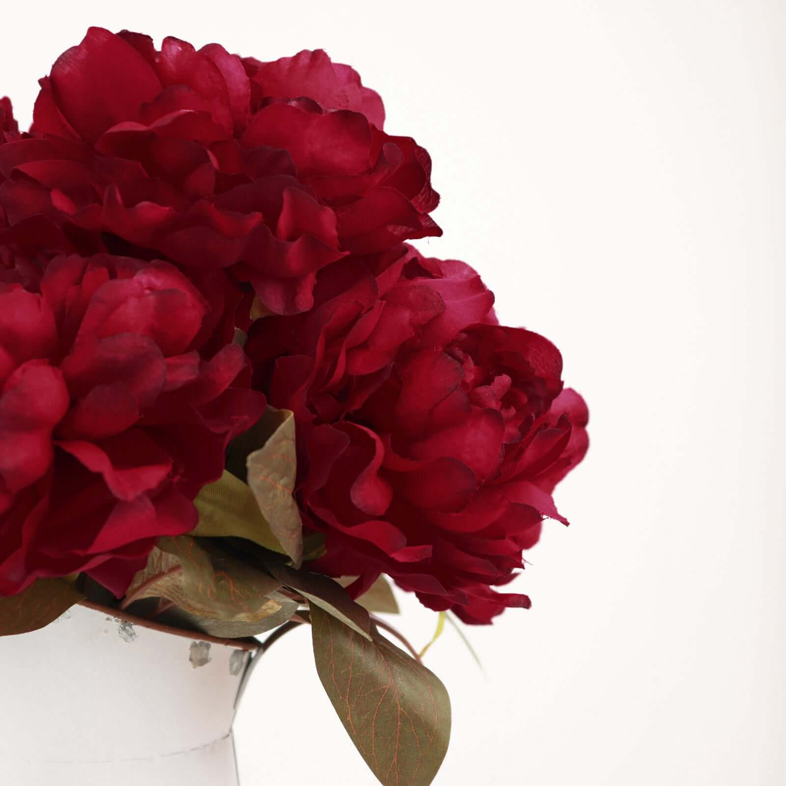 2 Bushes Burgundy Artificial Silk Peony Flower Bouquets, Real Touch Peonies Spray 17