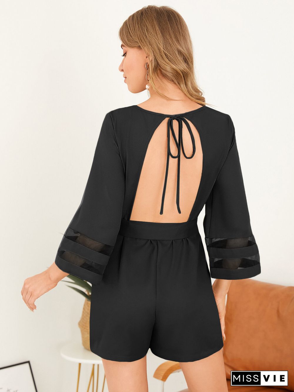 Solid Color Crew Neck Tie Up Backless Romper