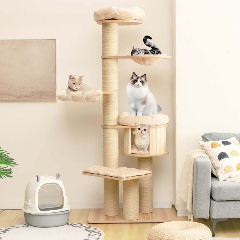 Multi-Level Large Cat Tower with Cat Condo, Modern Wood Tall Cat Tree with Sisal Posts & Washable Mats