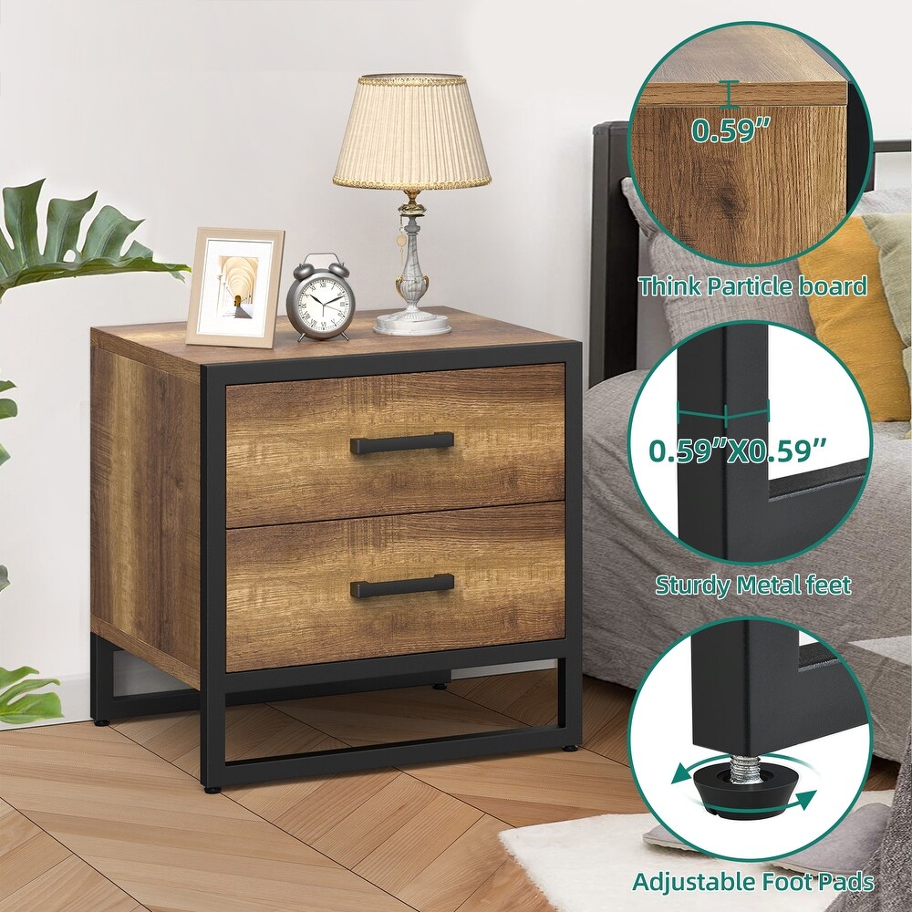 Hussain Wood 2 Drawer End Table Beside Bed Nightstand with Metal Frame