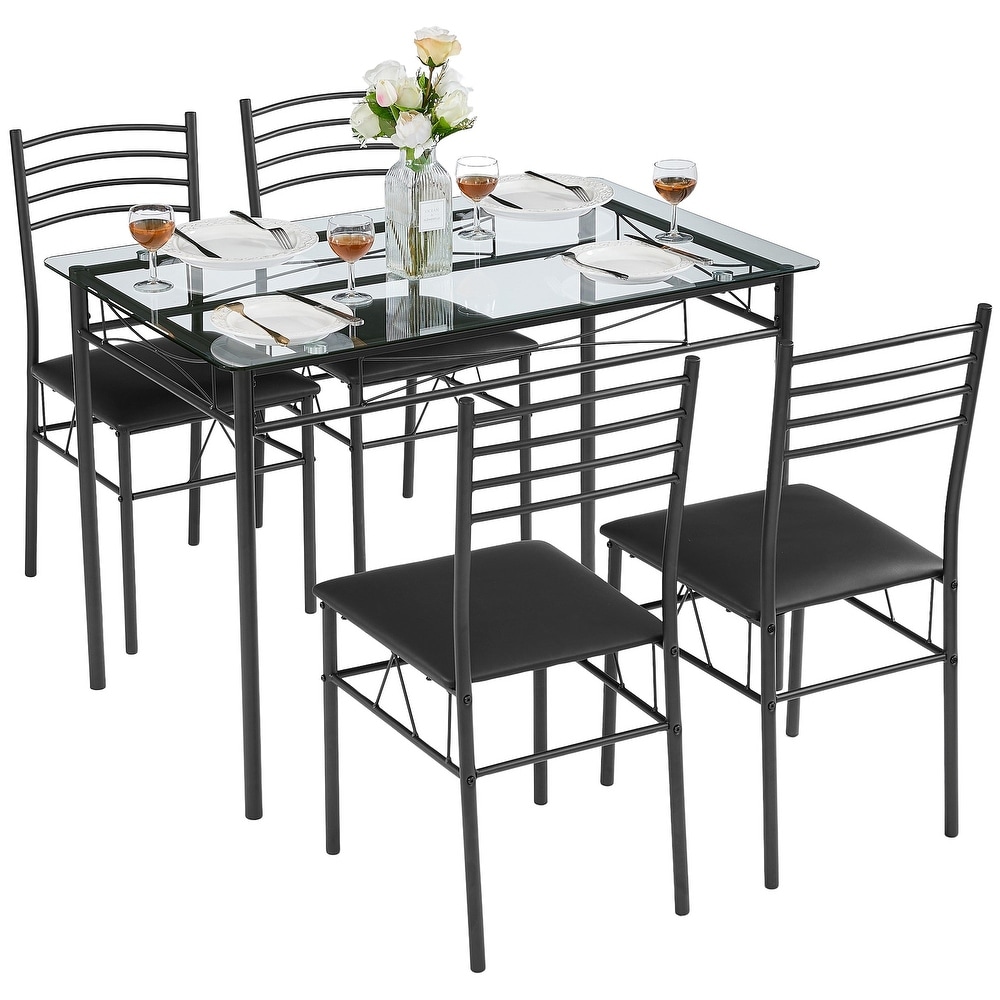 5 pieces Modern Dining Sets Tempered Glass Table Top and 4 PU Chairs