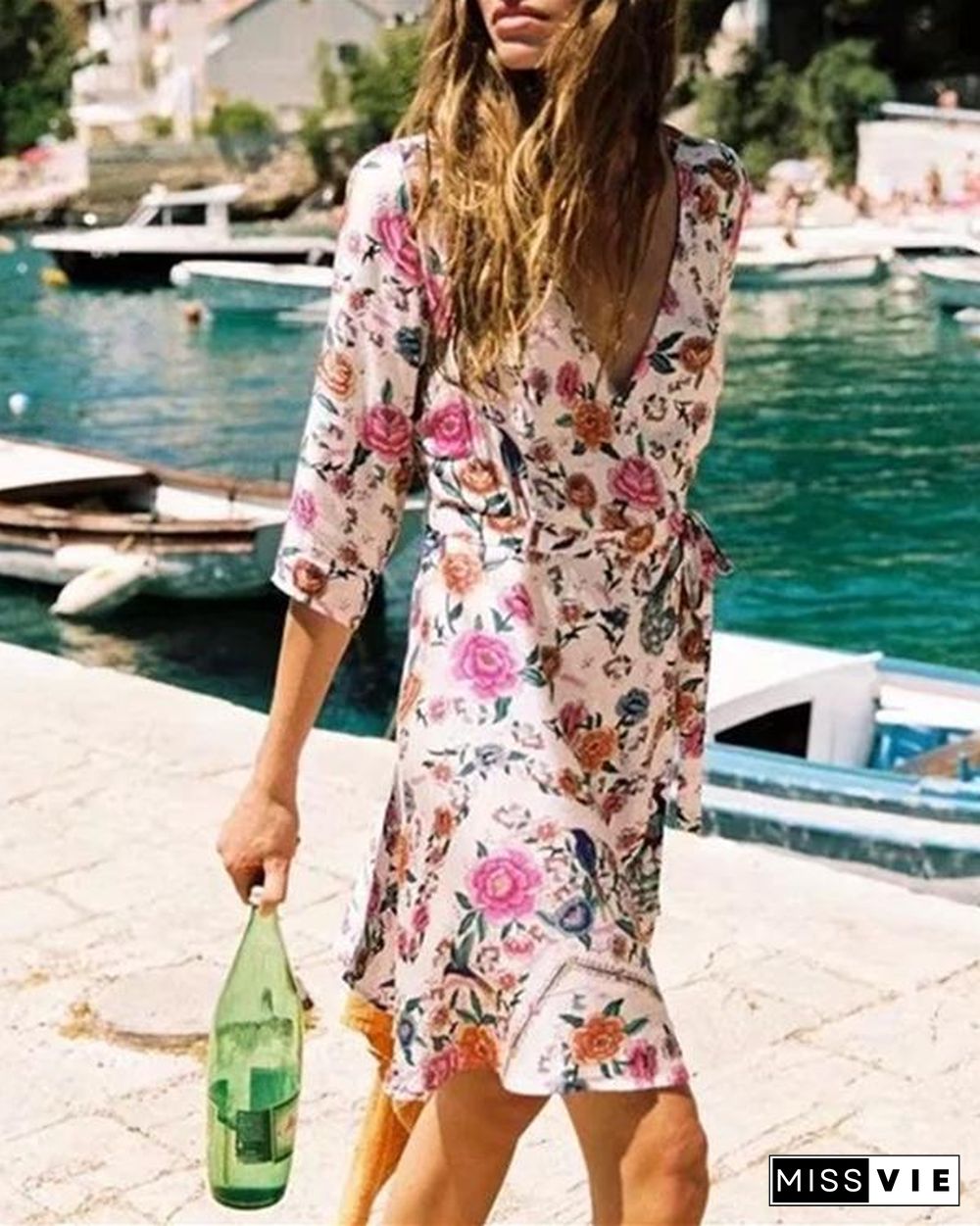 Women Casual Sexy Deep V Neck Bohemian Floral Print Sandbeach Mini Dress