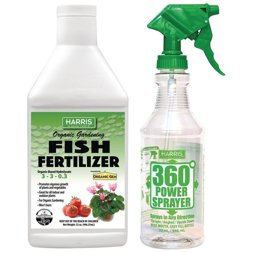 Harris 32 oz. Organic Gardening Liquid Fish Fertilizer and 360-Degree All Angle Professional Spray Bottle Value Pack FISH32-360