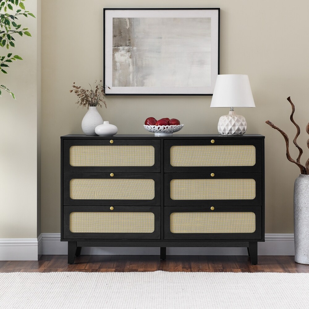 6 Drawers Dresser TV Stand Wooden Corridor Storage Cabinet with Rattan Weave Free Standing Storage Organizer for Hallway