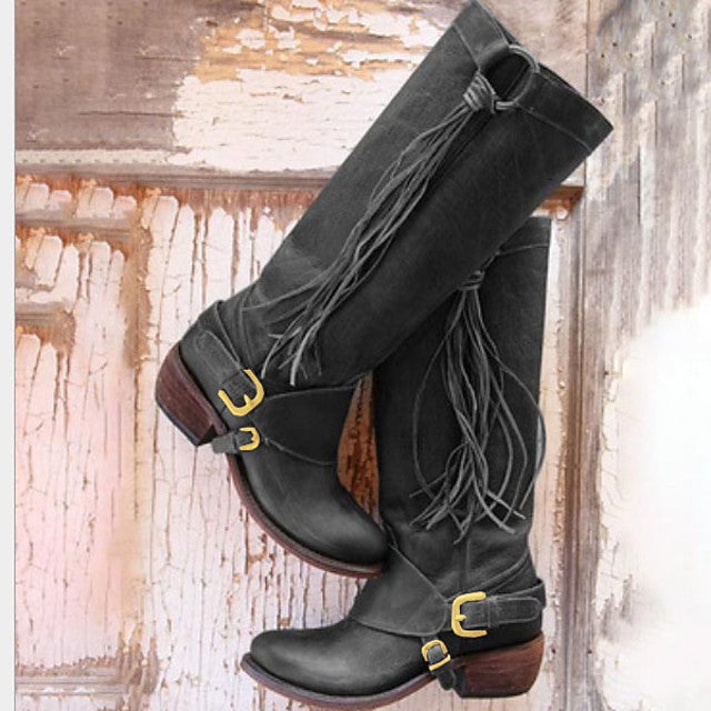 Women's Boots Knee High Boots Cowboy Western Boots Flat Heel Round Toe Vintage Daily Solid Colored PU Knee High Boots Winter Black / Brown