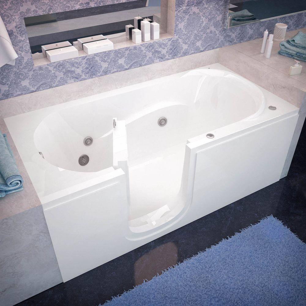 Universal Tubs Rampart Step In 5 ft. Walk-in Whirlpool Bathtub with Flat Easy Up Adhesive Wall Surround in White HSI3060LWHCA