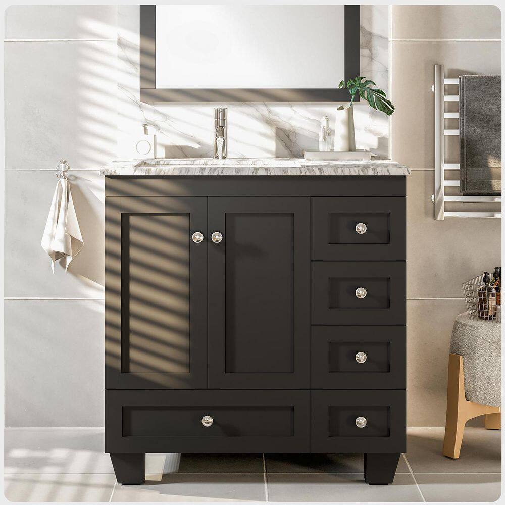 Eviva Happy 28 in. W x 18 in. D x 34 in. H Bathroom Vanity in Espresso with White Carrara Marble Top with White Sink EVVN30-28X18ES