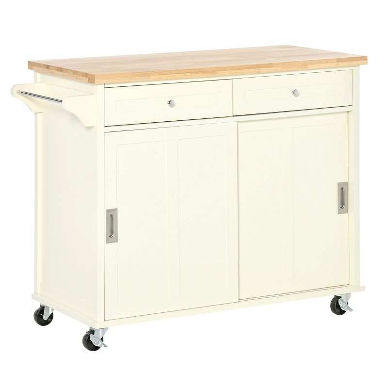 HOMCOM 43 Rolling Kitchen Island Kitchen Storage Cart on Wheels with Sliding Doors Cabinet 2 Drawers and Towel Rack Cream White