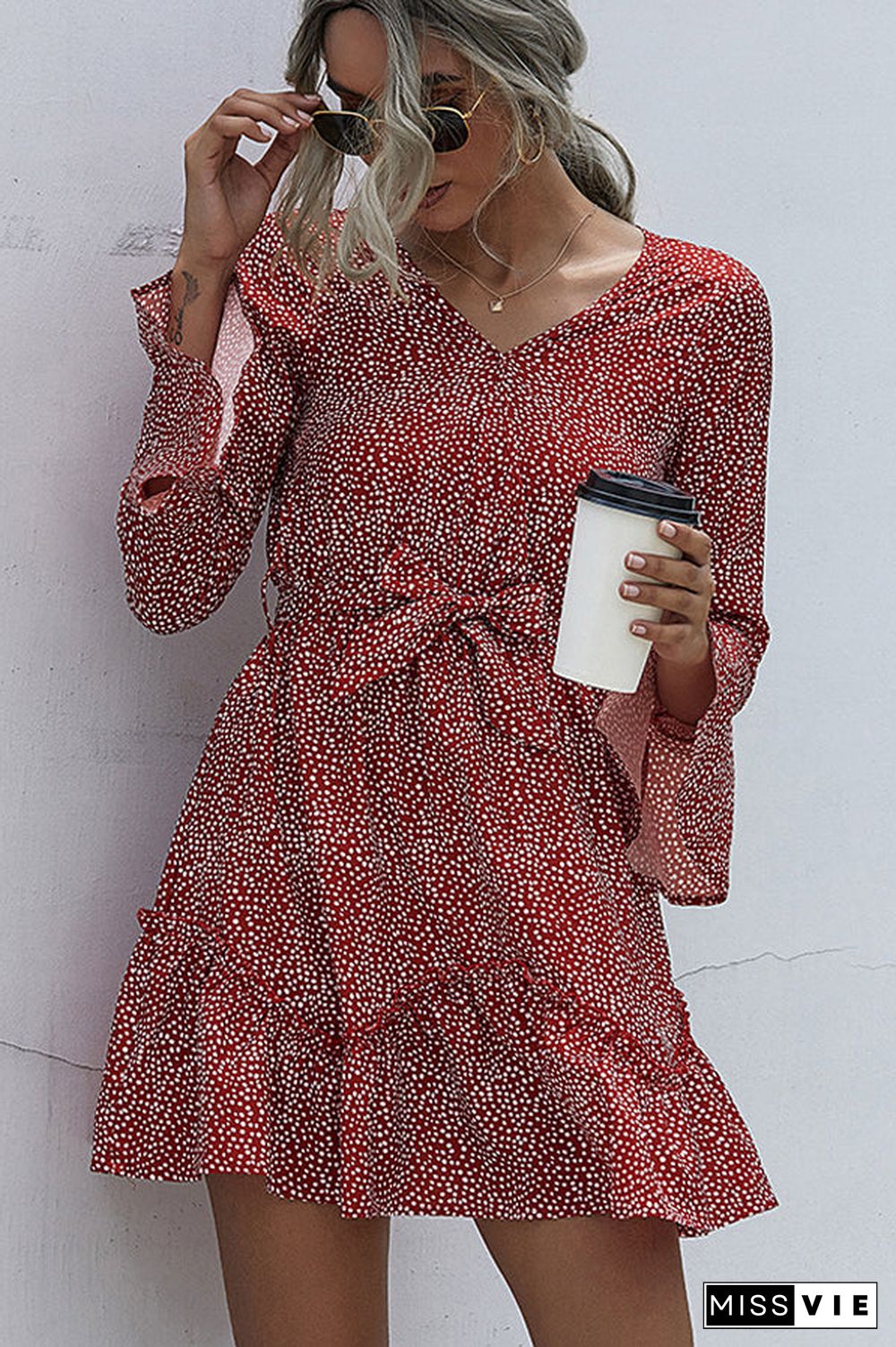 Polka Dot Print V Neck Tie Waist Casual Dress