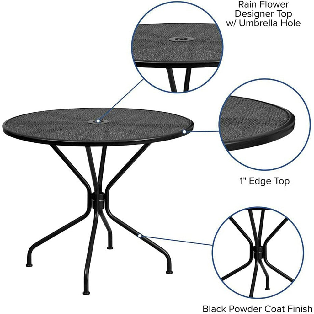 Commercial grade 35.25" round black indoor/outdoor steel patio table with umbrella hole